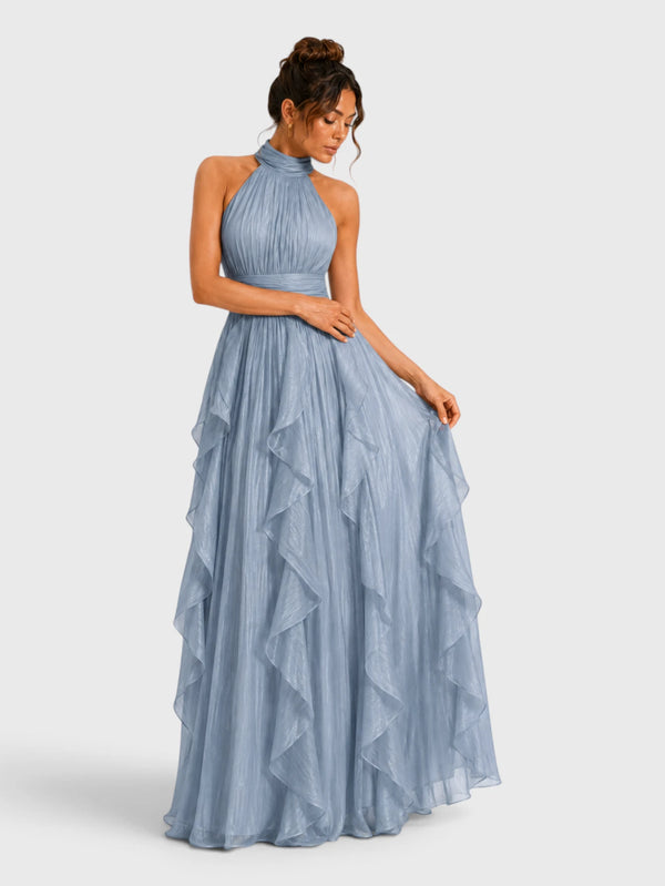 Vestido de Festa Longo Camadas com Brilho Metalizado Fine