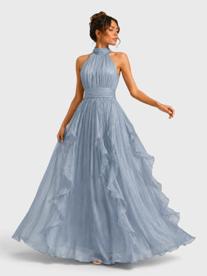 Vestido de Festa Longo Camadas com Brilho Metalizado Fine