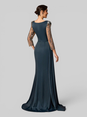 Vestido de Festa Longo Cauda dupla Manga 3/4 Paetê Felt