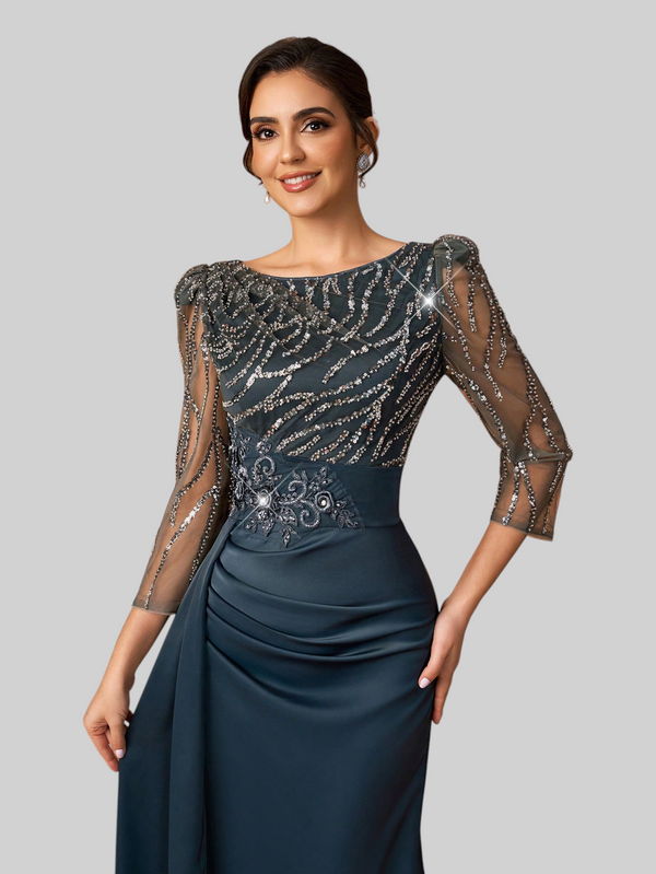 Vestido de Festa Longo Cauda dupla Manga 3/4 Paetê Felt