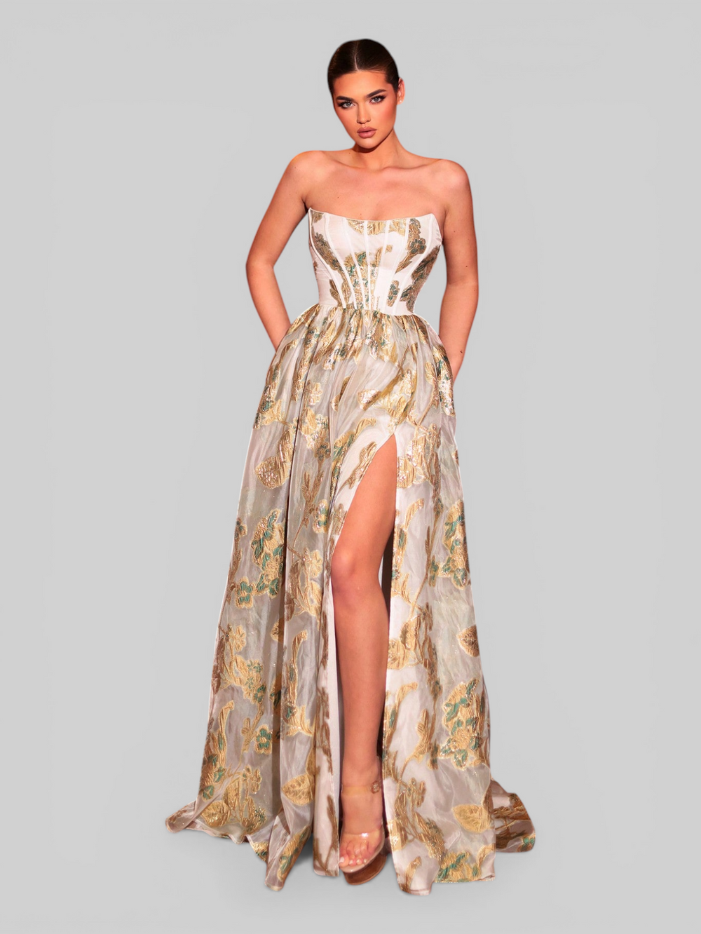 Vestido de Festa Longo Corpete Estampando Primavera