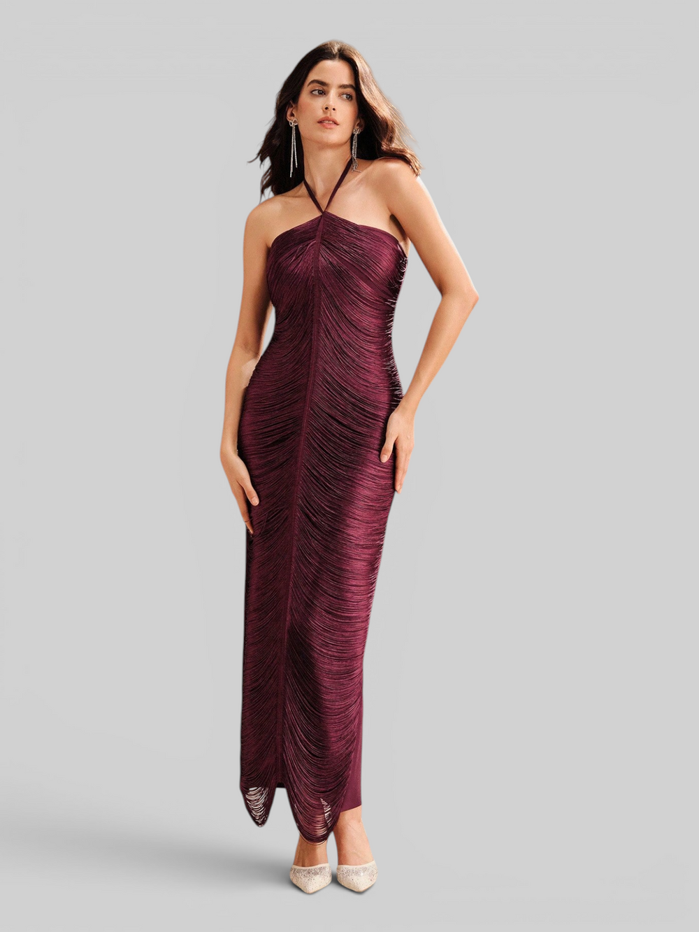 Vestido de Festa Longo Franjas em Ondas Cannes Anne