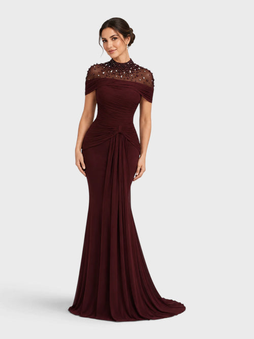 Vestido de Festa Longo Gola Alta Franzido com Pérolas Livya