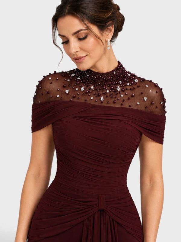 Vestido de Festa Longo Gola Alta Franzido com Pérolas Livya
