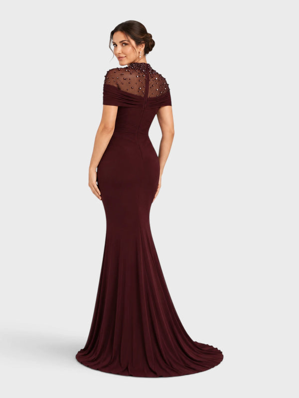 Vestido de Festa Longo Gola Alta Franzido com Pérolas Livya