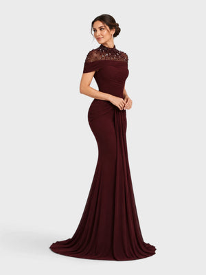 Vestido de Festa Longo Gola Alta Franzido com Pérolas Livya