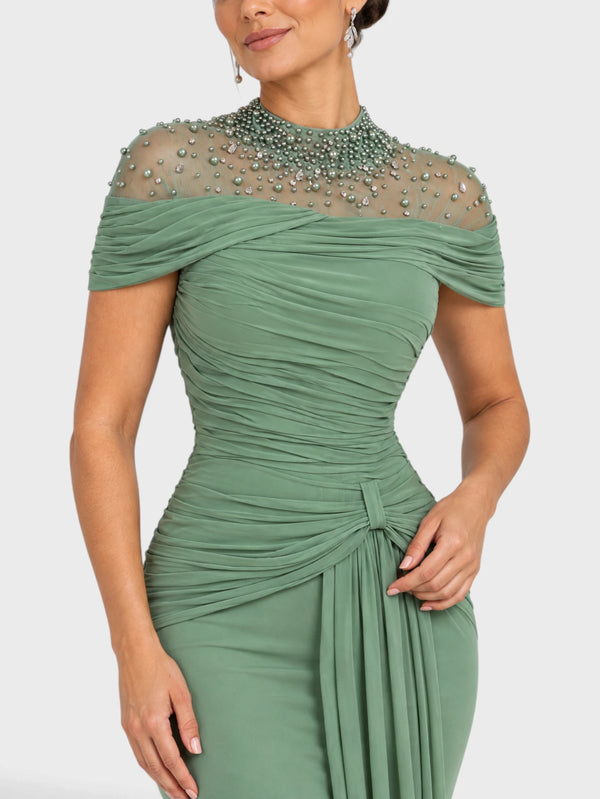 Vestido de Festa Longo Gola Alta Franzido com Pérolas Livya