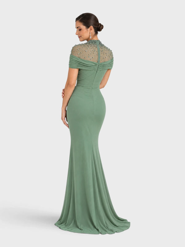 Vestido de Festa Longo Gola Alta Franzido com Pérolas Livya