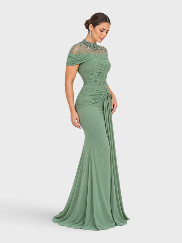 Vestido de Festa Longo Gola Alta Franzido com Pérolas Livya