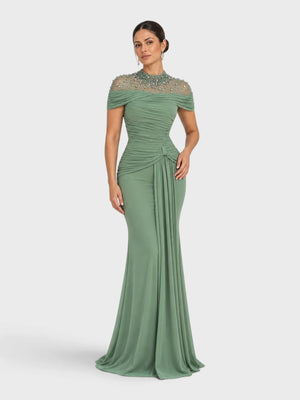 Vestido de Festa Longo Gola Alta Franzido com Pérolas Livya