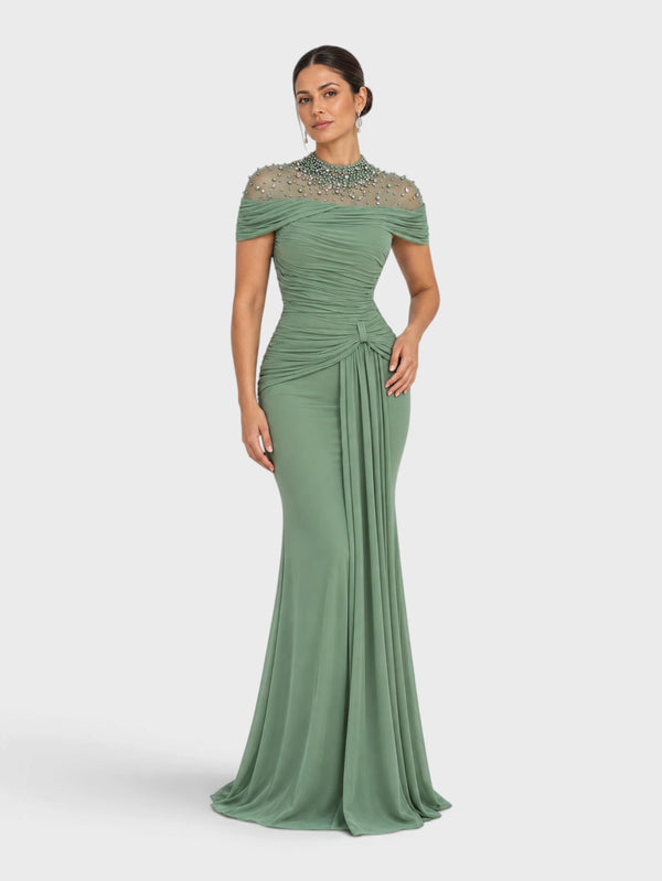 Vestido de Festa Longo Gola Alta Franzido com Pérolas Livya