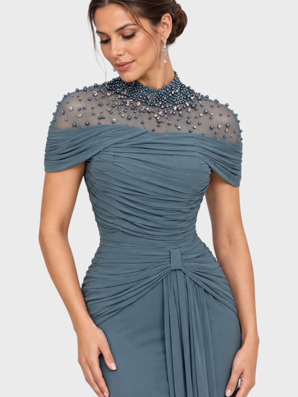 Vestido de Festa Longo Gola Alta Franzido com Pérolas Livya