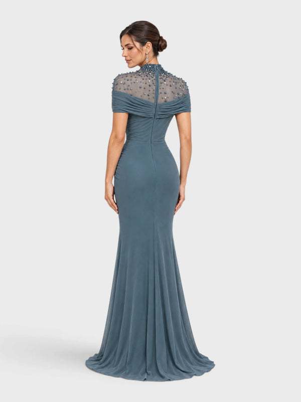 Vestido de Festa Longo Gola Alta Franzido com Pérolas Livya