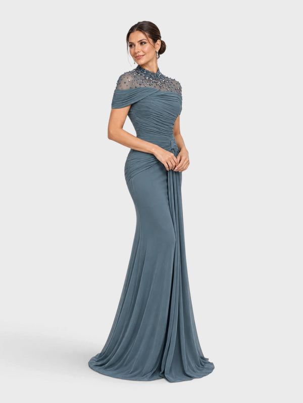 Vestido de Festa Longo Gola Alta Franzido com Pérolas Livya