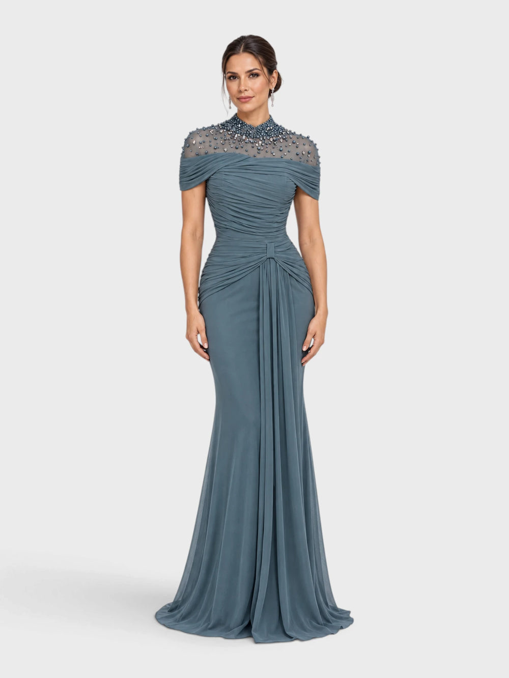 Vestido de Festa Longo Gola Alta Franzido com Pérolas Livya