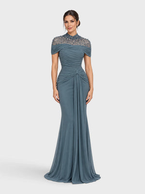 Vestido de Festa Longo Gola Alta Franzido com Pérolas Livya