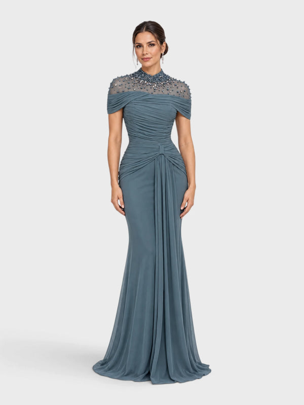 Vestido de Festa Longo Gola Alta Franzido com Pérolas Livya