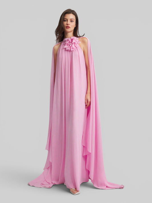 Vestido de Festa Longo Gola Halter com Capa Flowers 3D