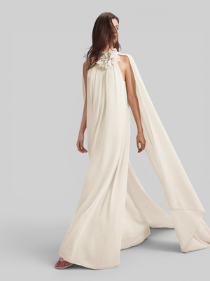 Vestido de Festa Longo Gola Halter com Capa Flowers 3D