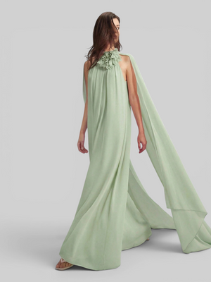 Vestido de Festa Longo Gola Halter com Capa Flowers 3D