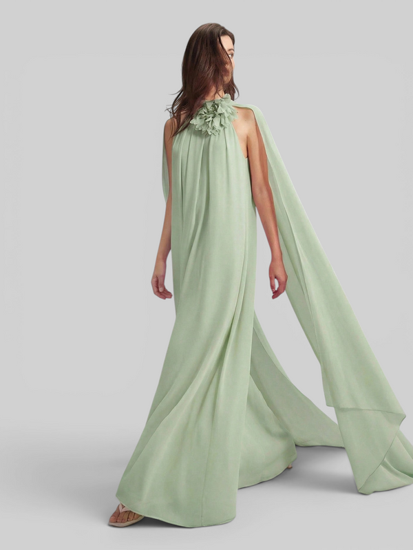 Vestido de Festa Longo Gola Halter com Capa Flowers 3D