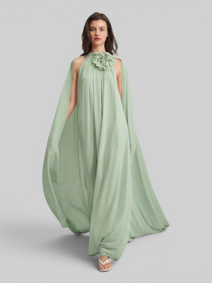 Vestido de Festa Longo Gola Halter com Capa Flowers 3D