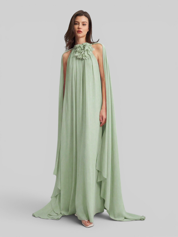 Vestido de Festa Longo Gola Halter com Capa Flowers 3D