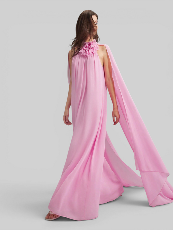 Vestido de Festa Longo Gola Halter com Capa Flowers 3D