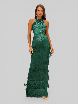 Vestido de Festa Longo Gola Halter com Franjas Magott New