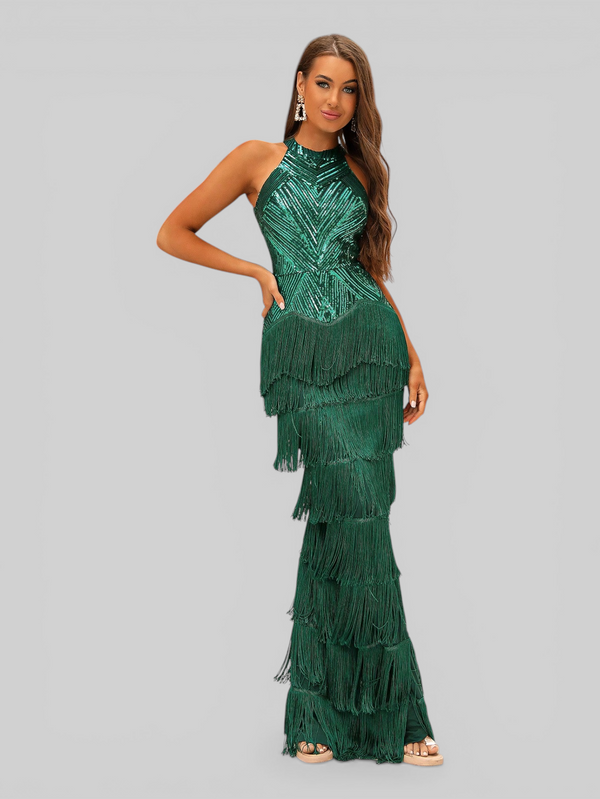 Vestido de Festa Longo Gola Halter com Franjas Magott New
