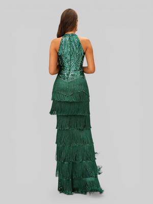 Vestido de Festa Longo Gola Halter com Franjas Magott New
