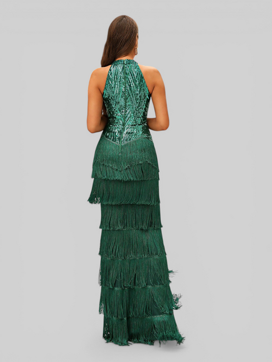 Vestido de Festa Longo Gola Halter com Franjas Magott New