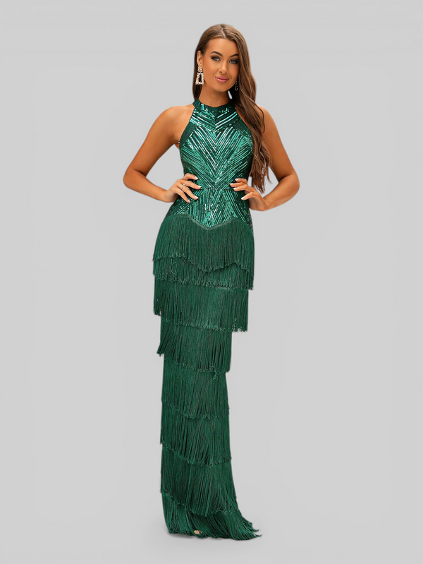 Vestido de Festa Longo Gola Halter com Franjas Magott New