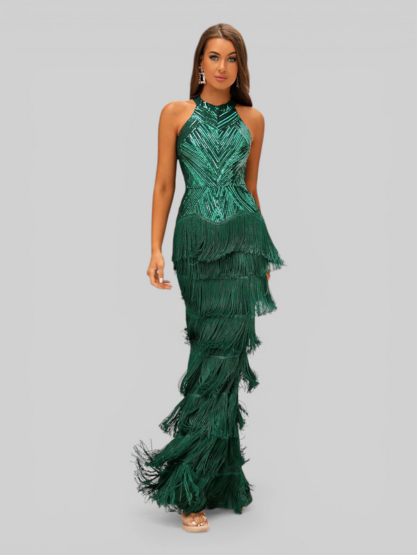 Vestido de Festa Longo Gola Halter com Franjas Magott New