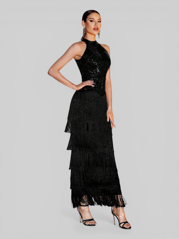 Vestido de Festa Longo Gola Halter com Franjas Magott New