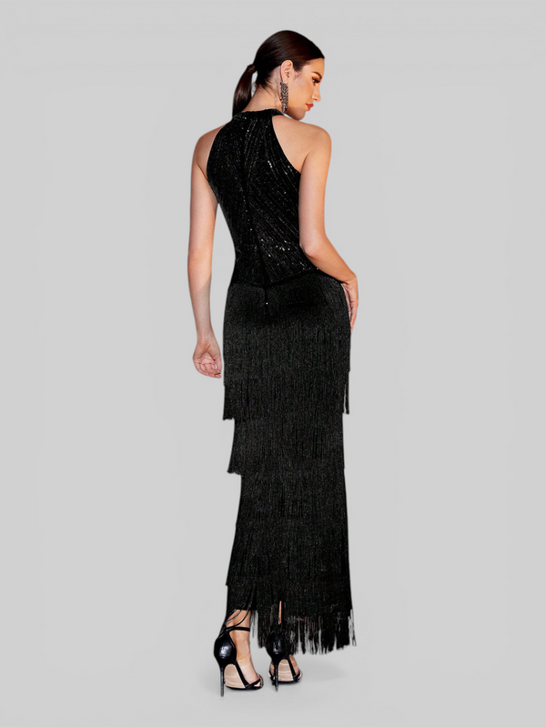 Vestido de Festa Longo Gola Halter com Franjas Magott New