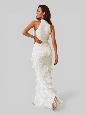 Vestido de Festa Longo Gola Halter com Franjas Magott New