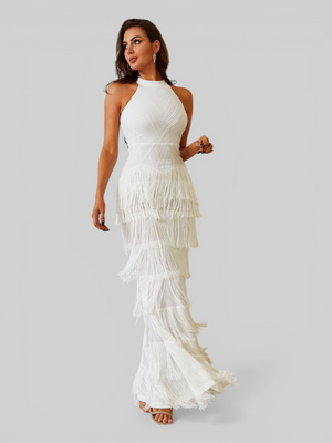 Vestido de Festa Longo Gola Halter com Franjas Magott New