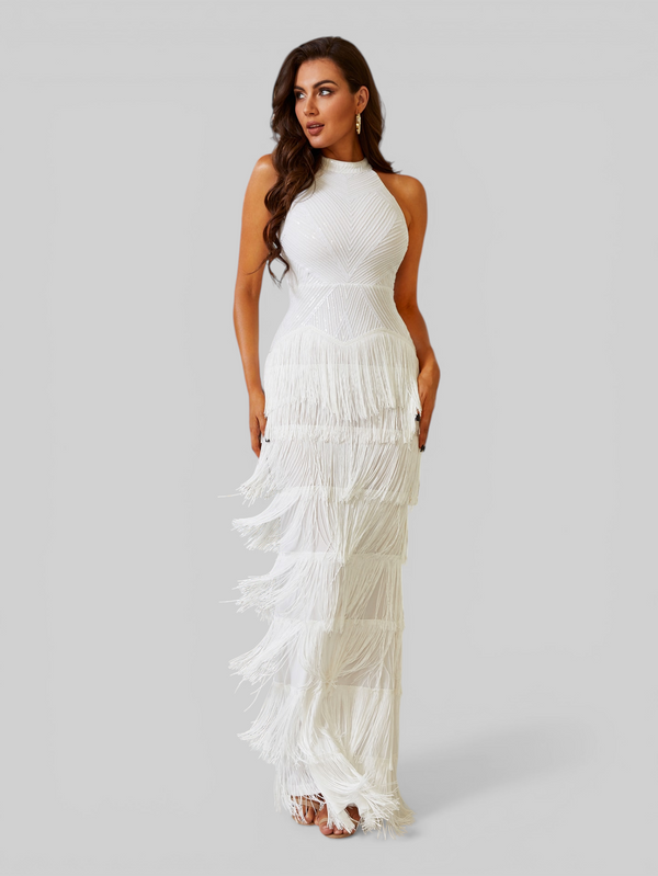 Vestido de Festa Longo Gola Halter com Franjas Magott New