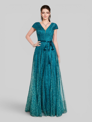 Vestido de Festa Longo Gola V Folhagem