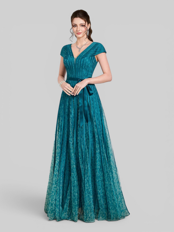 Vestido de Festa Longo Gola V Folhagem