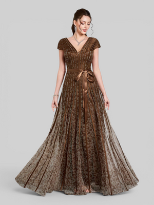 Vestido de Festa Longo Gola V Folhagem