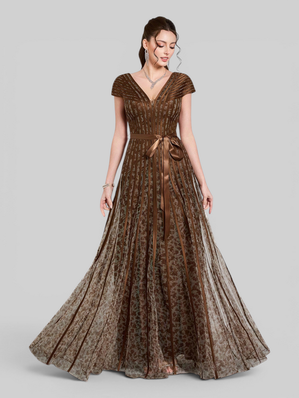 Vestido de Festa Longo Gola V Folhagem