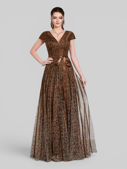 Vestido de Festa Longo Gola V Folhagem