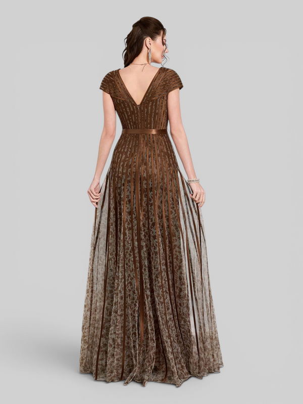 Vestido de Festa Longo Gola V Folhagem