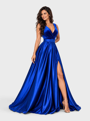 Vestido de Festa Longo Gola V com Fenda e Cinto Mariz