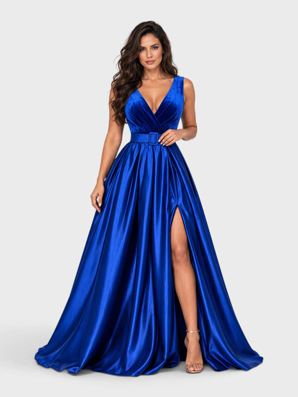 Vestido de Festa Longo Gola V com Fenda e Cinto Mariz