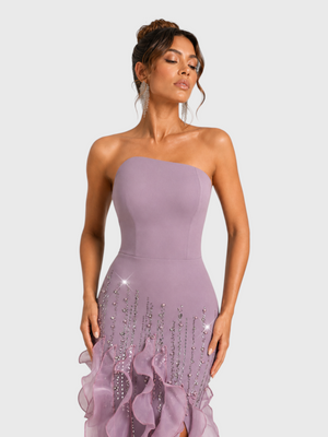 Vestido de Festa Longo Luxo Camadas e Apliques Brilhantt