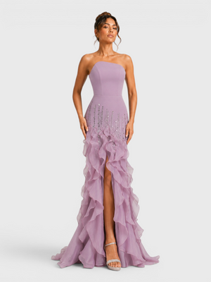 Vestido de Festa Longo Luxo Camadas e Apliques Brilhantt