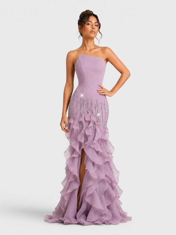 Vestido de Festa Longo Luxo Camadas e Apliques Brilhantt